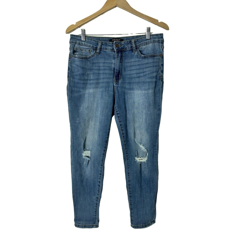 Judy Blue Relaxed Fit Distressed Stretch Skinny Jeans Size 32 Whiskered Logos